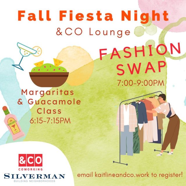 Celebrate Latinx Heritage Month with us next Wednesday at &CO! 

We'll be making margaritas & guacamole with Food & Travel writer @stephanierizzolo , followed by a Fall Fashion Clothing Swap hosted by @xtina_moore with Megan Ixim @msgigggles offering her styling tips!

Bring 1-2 bags of clothing for a recycled clothing event to celebrate Fall Fashion at AndCo. Your contributions will be collected and displayed in a “swap shop” by size. Open to @silvermanbuilding residents and @andcowork members, guests may be invited! Please email Kaitlin@andco.work to register.

.
.
.
.
.
.
. 
#dream #workstyle #officespace #focus #workhabits #workhereworkbetter #coworkingspace #tech #imaginemore #coworking #officestyle #smallbiz #freelancer #jerseycity #hoboken #worklifebalance #manhattan #community #green #nature #plants #interiordecor #selfcare #wellness #latinx #latinxheritagemonth #hispanicheritagemonth #latin #clothing #clothingswap